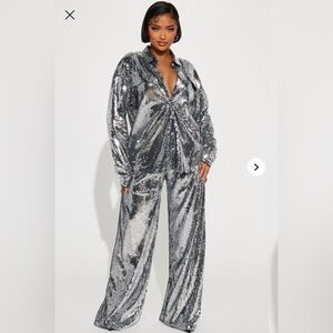 Fashion Nova sparkly silver sequin wide leg pants & long sleeve shirt set
